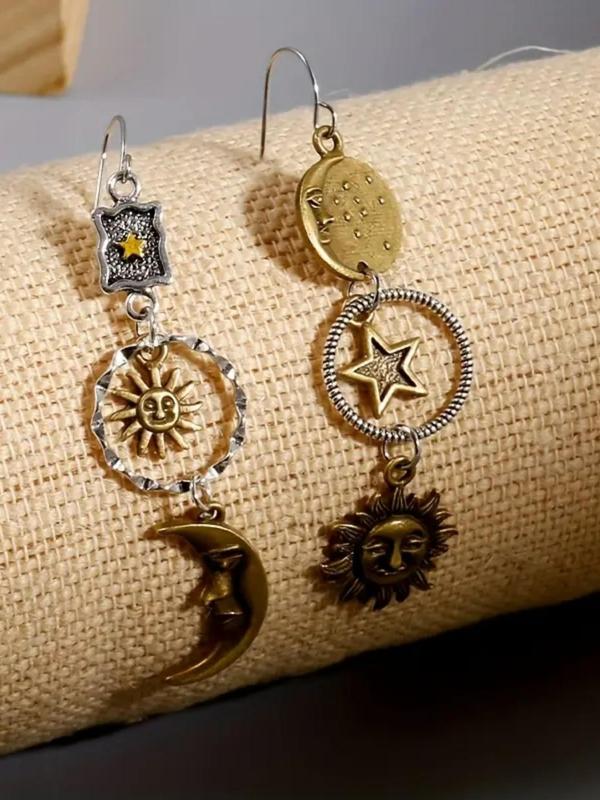 Women's Boho Style Moon & Star Design Dangle Earrings, 2024 Summer Trendy Vintage Trendy Hollow out Design Drop Earrings, Fashionable Matching Mexican Jewelry for Women for Party Decoration