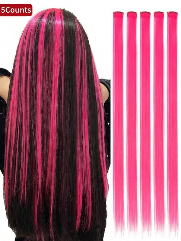 20 Inch Long Straight Pink Clip-in Hair Extensions, Fashionable Striking Synthetic Hair Extensions for Women & Girls, Synthetic Hairpiece for Daily & Party Use