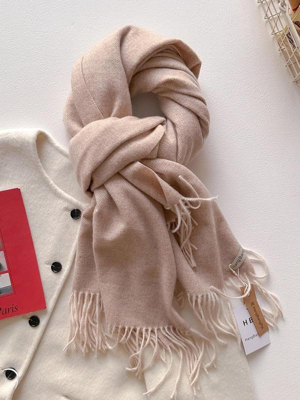 Solid Color Fringe Trim Design Scarf, Casual Soft Warm Shawl for Daily Wear, Fashion Accessories for Women & Girls