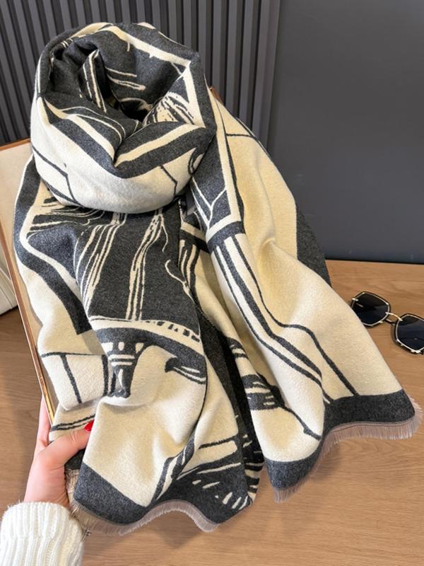 Women's Geometric Print Double Sided Thick Soft Shawl, Casual Warm Long Scarf for Fall & Winter, Fashion Accessories for Daily Wear