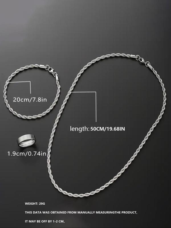 Men's Stainless Steel Braid Chain Necklace & Bracelet & Ring Set, Fashion Jewelry for Party, Daily Clothing Decor, Trendy All-match & Exquisite Jewelry for Birthday Gift