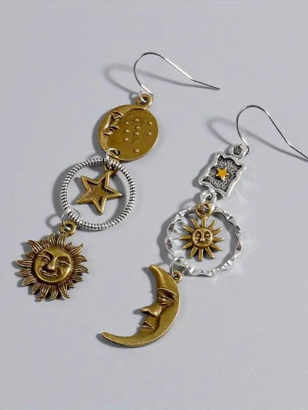 Women's Boho Style Moon & Star Design Dangle Earrings, 2024 Summer Trendy Vintage Trendy Hollow out Design Drop Earrings, Fashionable Matching Mexican Jewelry for Women for Party Decoration