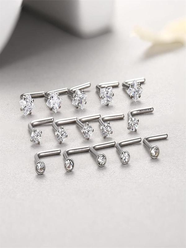 15pcs Minimalist Rhinestone Decor Nose Ring, L Shaped Screw Studs Rings, Stainless Steel Body Jewelry for Men & Women