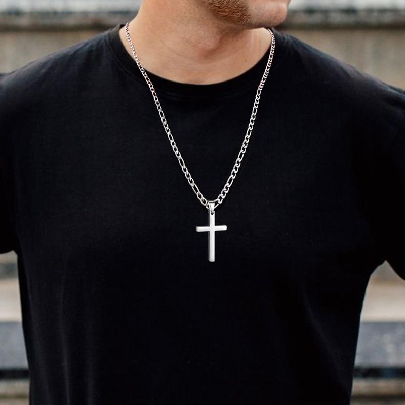 Cross Necklace for Men Stainless Steel Silver Gold Plain Cross Pendant Necklace Simple Jewelry Gifts, 24 Inches 3:1 Figaro Link Chain 6mm Width