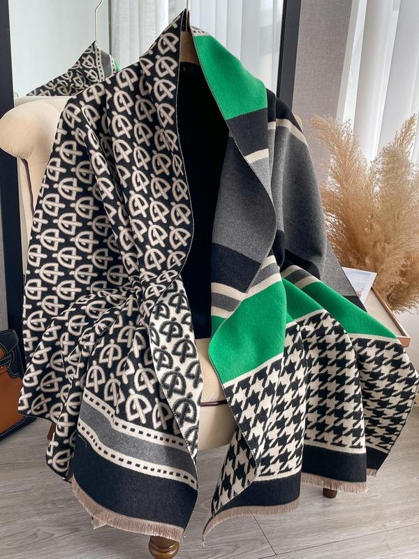 Women's Houndstooth Pattern Colorblock Shawl, Casual Soft Warm Long Scarf for Fall & Winter, Fashion Accessories for Daily Wear