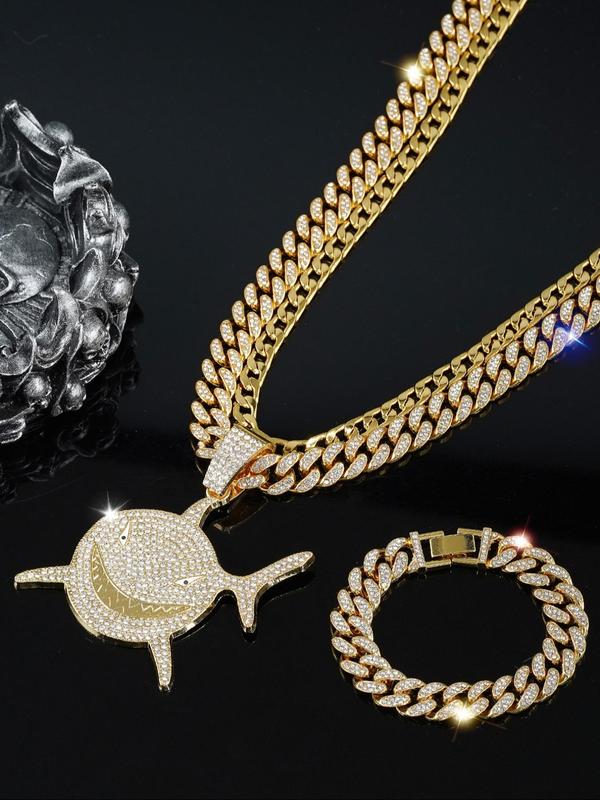 Punk Style Rhinestone Shark Design Pendant Necklace & Bracelet & Cuban Chain Necklace, Exquisite Trendy Jewelry Set for Party, Fashion Accessories for Men & Women