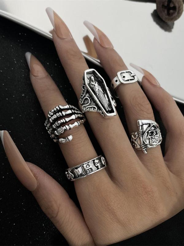 5pcs set Punk Style Death Scythe Skeleton Hand Retro Belt Buckle Ring Set, Fashion Accessories for Women