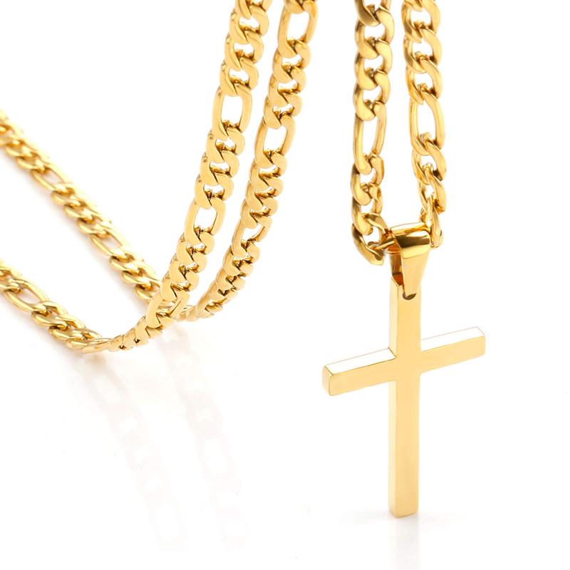 Cross Necklace for Men Stainless Steel Silver Gold Plain Cross Pendant Necklace Simple Jewelry Gifts, 24 Inches 3:1 Figaro Link Chain 6mm Width