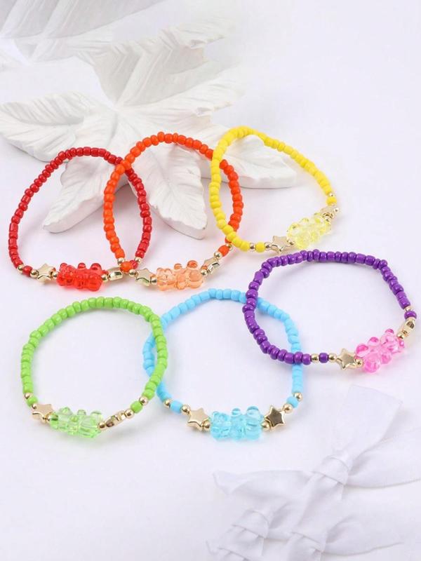 Cute Star & Bear Design Beaded Bracelet (6pcs set), Fashionable Colorful Beaded Bracelet for Women & Girls, Trendy Accessories for Party and Daily Life