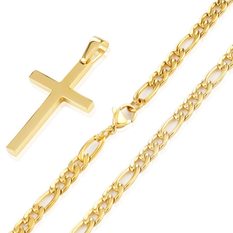 Cross Necklace for Men Stainless Steel Silver Gold Plain Cross Pendant Necklace Simple Jewelry Gifts, 24 Inches 3:1 Figaro Link Chain 6mm Width