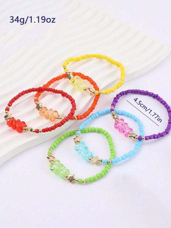 Cute Star & Bear Design Beaded Bracelet (6pcs set), Fashionable Colorful Beaded Bracelet for Women & Girls, Trendy Accessories for Party and Daily Life