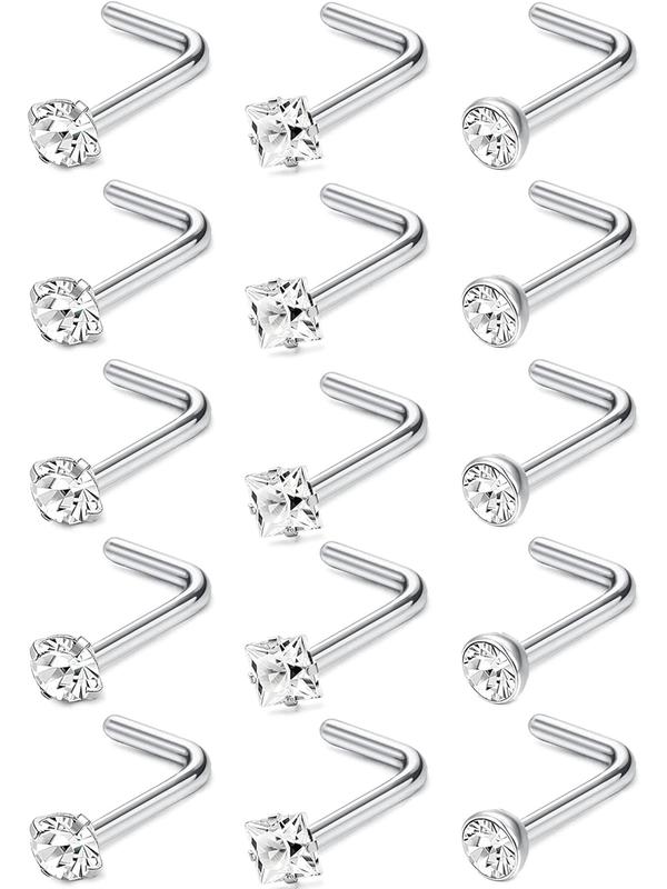 15pcs Minimalist Rhinestone Decor Nose Ring, L Shaped Screw Studs Rings, Stainless Steel Body Jewelry for Men & Women