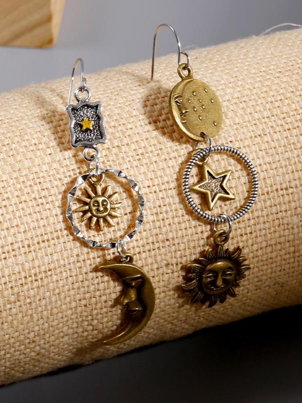 Vintage Asymmetrical Sun & Moon Design Dangle Earrings, Boho Style Jewelry for Women,  2024 New Styleall-match Ear Jewelry for Party, Daily Clothing Decor