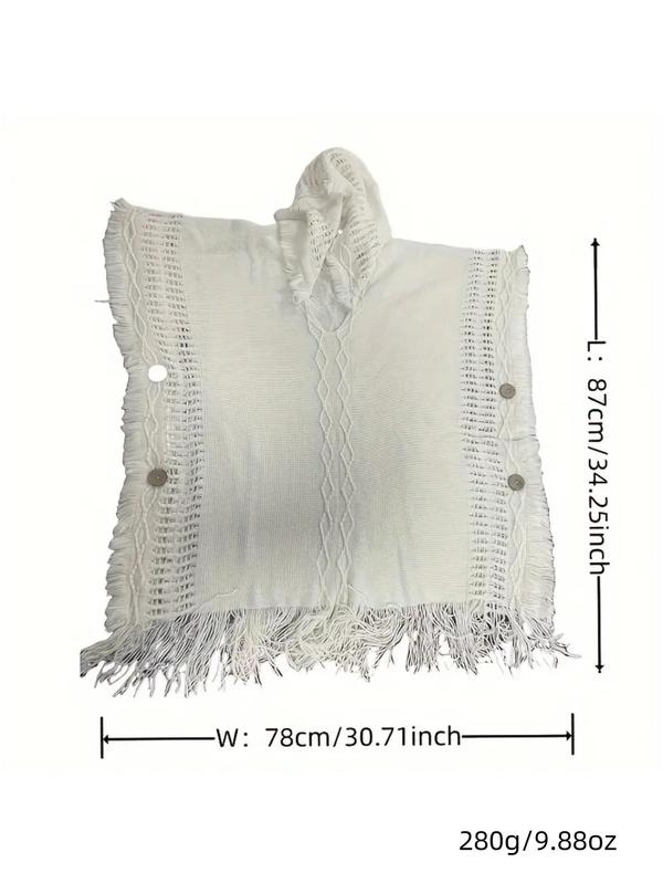 Women's Solid Button & Tassel Trim Cape Shawl, Casual Fashion Knitted Sweater Shawl for Fall & Winter, Women's Clothes Accessories for Daily Wear