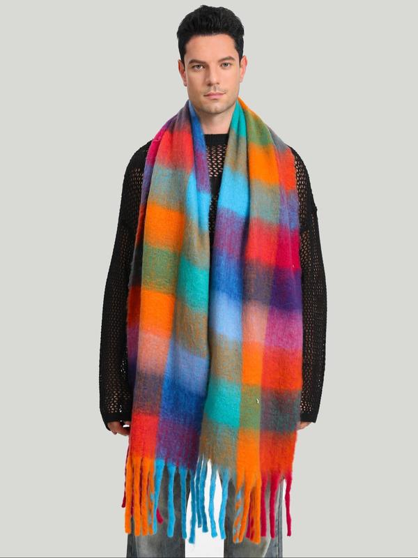 Colorful Plaid Pattern Tassel Decor Scarf, Casual Soft Warm Long Shawl for Fall & Winter, Fashion Accessories for Women & Men