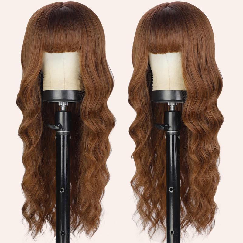 AISI HAIR Auburn Wig with Bangs Long Wavy Ginger Wig Natural Looking Heat Resistant Synthetic Curly Full Wigs for Women Daily Use