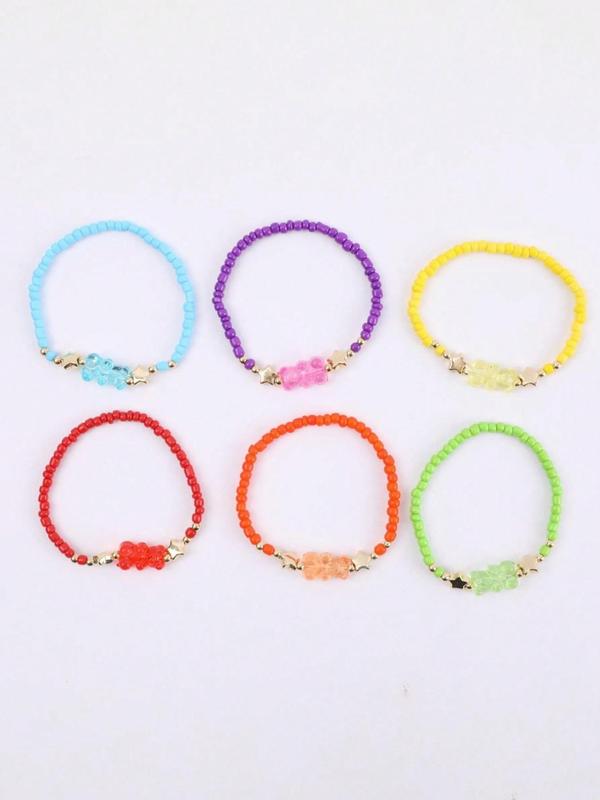 Cute Star & Bear Design Beaded Bracelet (6pcs set), Fashionable Colorful Beaded Bracelet for Women & Girls, Trendy Accessories for Party and Daily Life