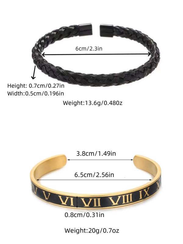 Men's  Matching Bracelets  Kit, Rhinestone Crown Charm Beaded Bracelet & Braided Bracelet & Vintage Roman Numerals Open Bracelet, Trendy Exquisite Jewelry Accessory for Gift for Back To School