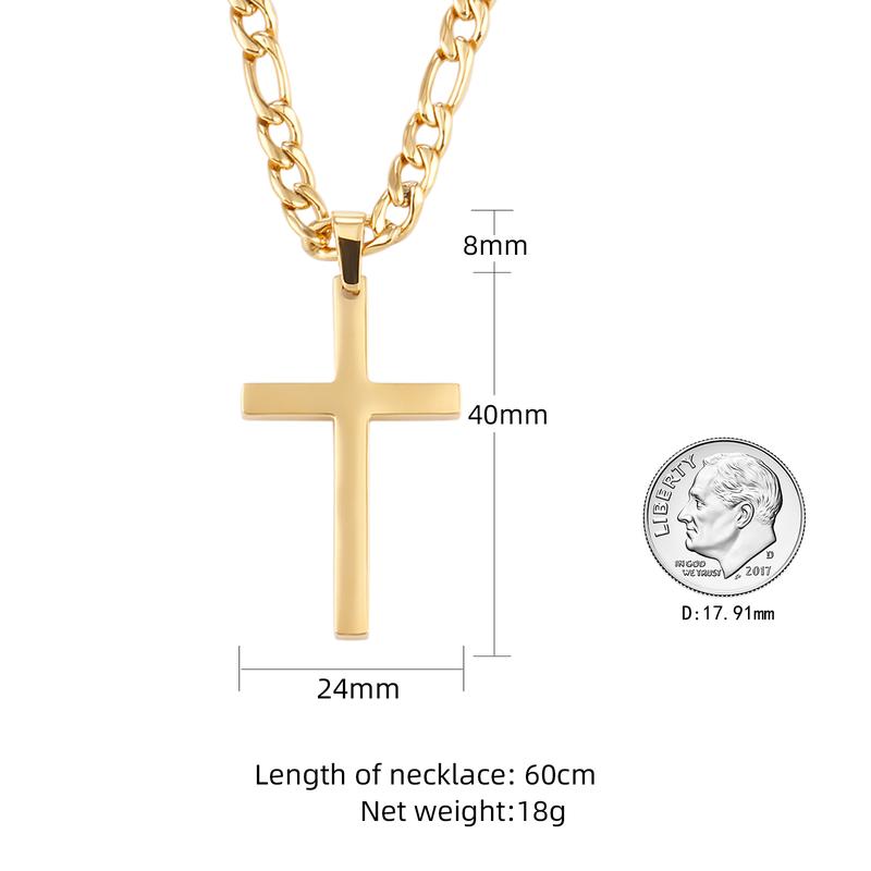 Cross Necklace for Men Stainless Steel Silver Gold Plain Cross Pendant Necklace Simple Jewelry Gifts, 24 Inches 3:1 Figaro Link Chain 6mm Width