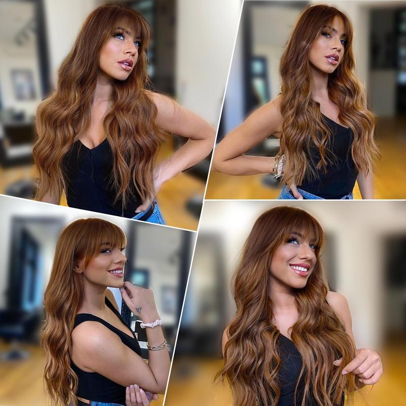 AISI HAIR Auburn Wig with Bangs Long Wavy Ginger Wig Natural Looking Heat Resistant Synthetic Curly Full Wigs for Women Daily Use