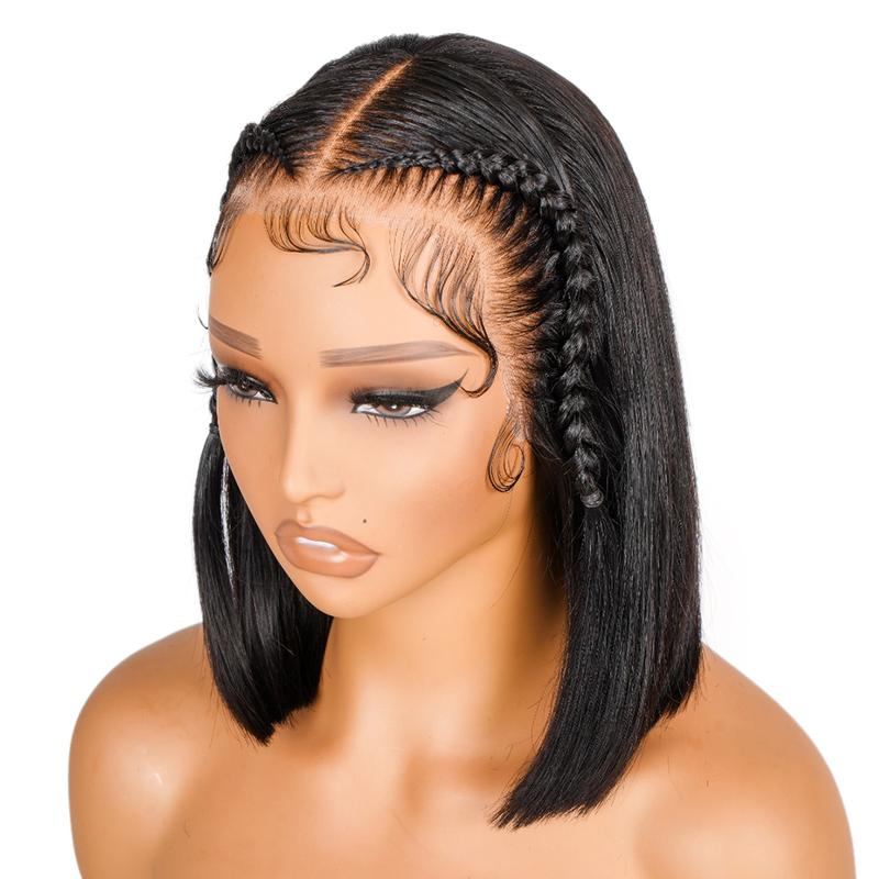 SuperNova 13x4 Braided Lace Front Wig, 100% Human Hair, Pre-Plucked, Glueless, Straight Bob with Baby Hair & Adjustable Straps, 10-12 Inch