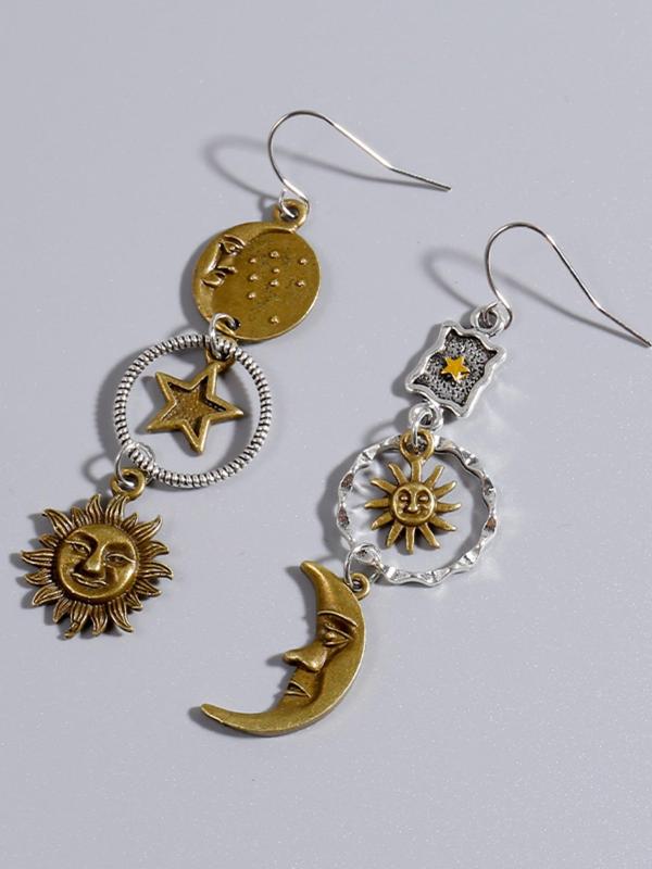 Vintage Asymmetrical Sun & Moon Design Dangle Earrings, Boho Style Jewelry for Women,  2024 New Styleall-match Ear Jewelry for Party, Daily Clothing Decor