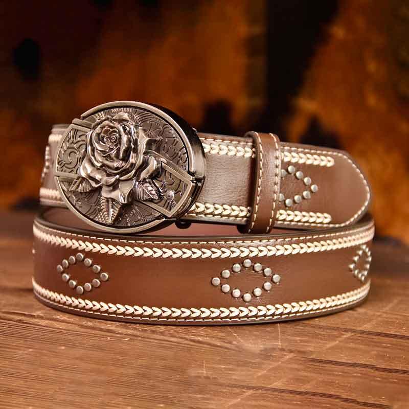 Western Vintage Leather Knitted Line Belt and Oval removable western cowboy Buckle Costume Decoration