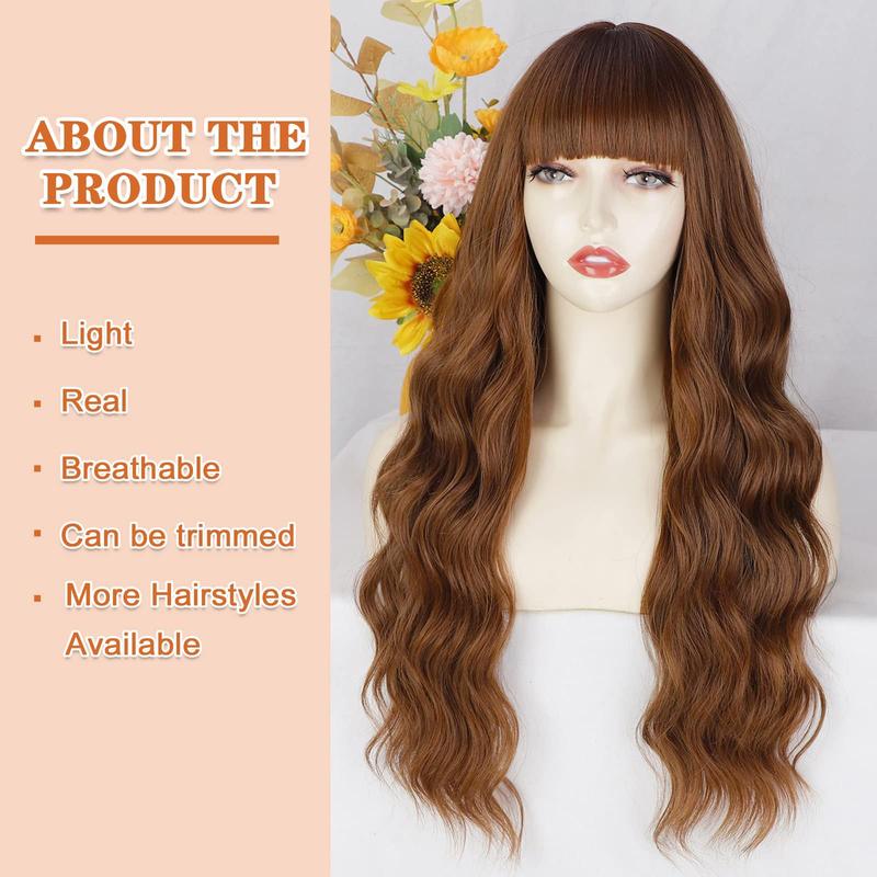 AISI HAIR Auburn Wig with Bangs Long Wavy Ginger Wig Natural Looking Heat Resistant Synthetic Curly Full Wigs for Women Daily Use