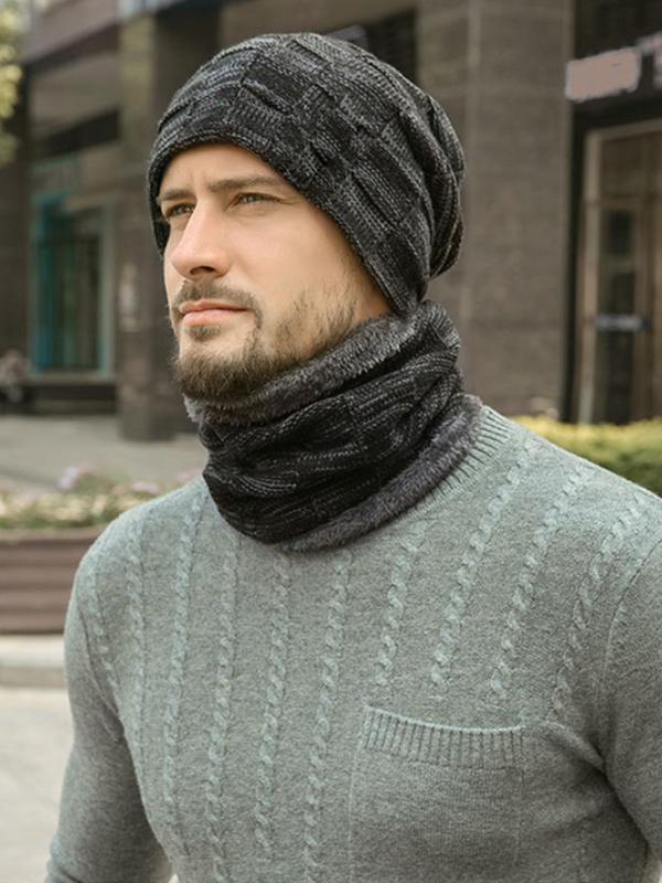 Men's Solid Color Beanie Hat & Scarf Set, 2024 New Style Casual Windproof Warm Hat & Neck Warmer for Fall & Winter, Fashion Accessories for Men,  Men's Hats