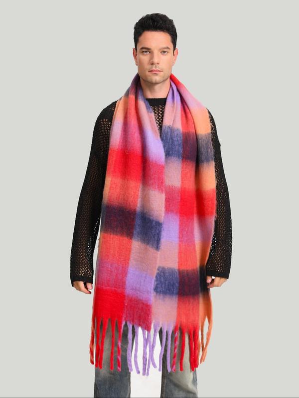 Colorful Plaid Pattern Tassel Decor Scarf, Casual Soft Warm Long Shawl for Fall & Winter, Fashion Accessories for Women & Men