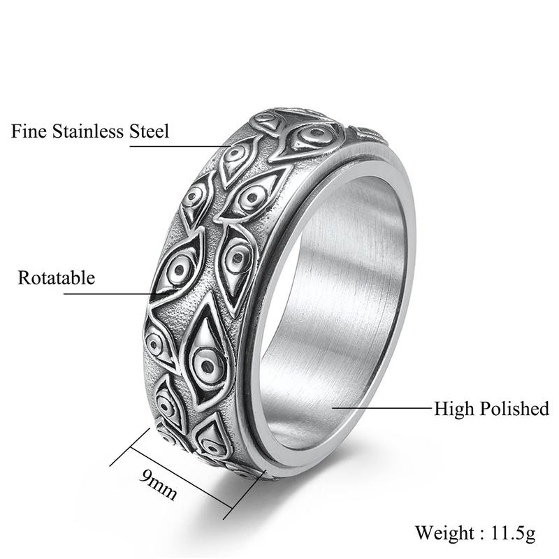 Men Stainless Steel Eye of God Ring Band All Seeing Eye Spinner Rings Silver Vintage Jewelry Size 8 to 10