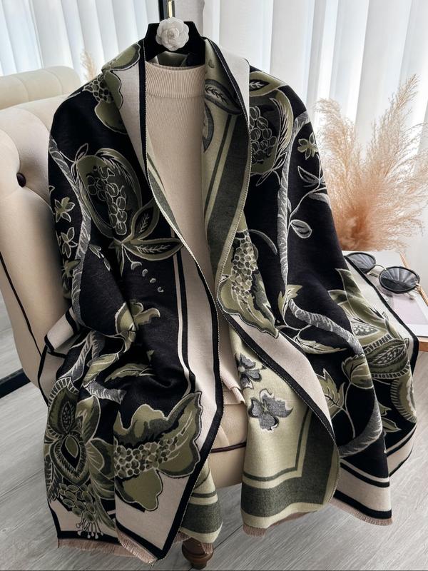 Floral Print Tassel Decor Double Sided Shawl, Casual Soft Warm Long Scarf for Fall & Winter, Fashion Accessories for Women & Men