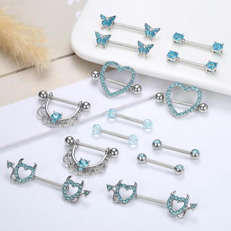 Fansilver 7 count 14G Nipple Rings for Women Surgical Steel Nipple Piercing CZ Heart Butterfly Barbell Nipple Rings Set Cute Nipple Body Piercing Jewelry