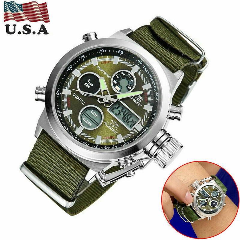 Men Military Wrist Watch Army Green Analog Digital Quartz Nylon Canvas