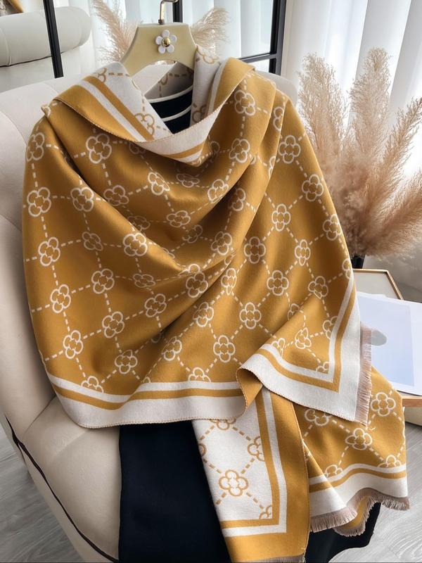 Double Sided Four-leaf Clover Print Scarf, Tassel Decor Elegant Soft Warm Shawl for Fall & Winter, Fashion Accessories for Women & Men