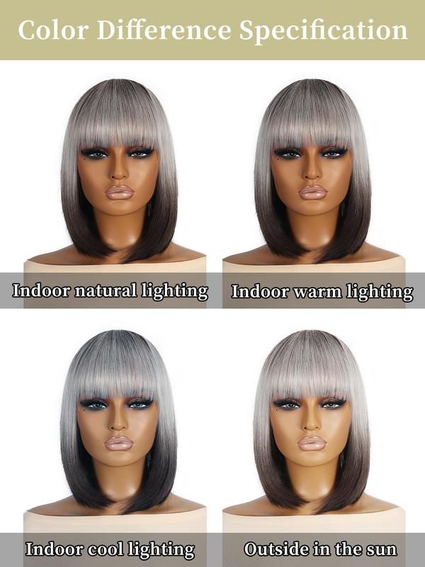 12 Inch Gray Ombre Black Short Bob Wigs for Women, Gorgeous Fluffy Heat-resistant Wigs with Blunt Bangs, Synthetic Full Machine Wigs for Party, Daily Use