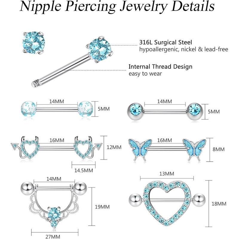 Fansilver 7 count 14G Nipple Rings for Women Surgical Steel Nipple Piercing CZ Heart Butterfly Barbell Nipple Rings Set Cute Nipple Body Piercing Jewelry