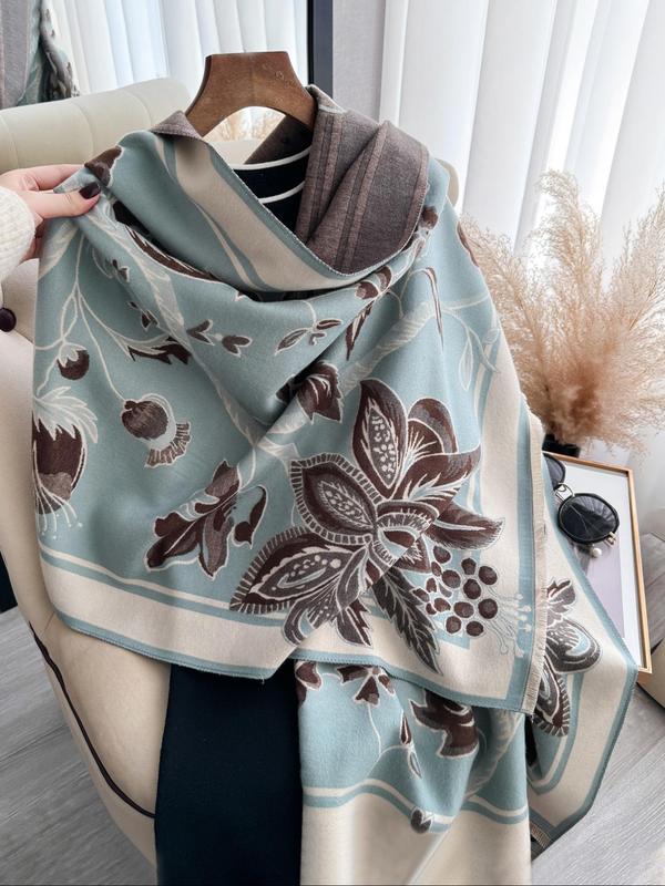 Floral Print Tassel Decor Double Sided Shawl, Casual Soft Warm Long Scarf for Fall & Winter, Fashion Accessories for Women & Men