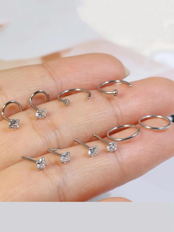 Rhinestone Decorated Stainless Steel Piercing Nose Ring (10pcs), L Shaped Nose Stud for Women & Men, Fashion Jewelry for Party, Daily Clothing Decor, Birthday Gift