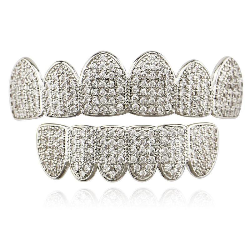 2 Piece Top & Bottom Set for Rappers and Cosplayers - Cubic Zirconia Teeth Grills Punk Tooth Caps Cosplay Rapper Jewelry Glittering Hip Hop Cubic Zirconia Teeth Grills -