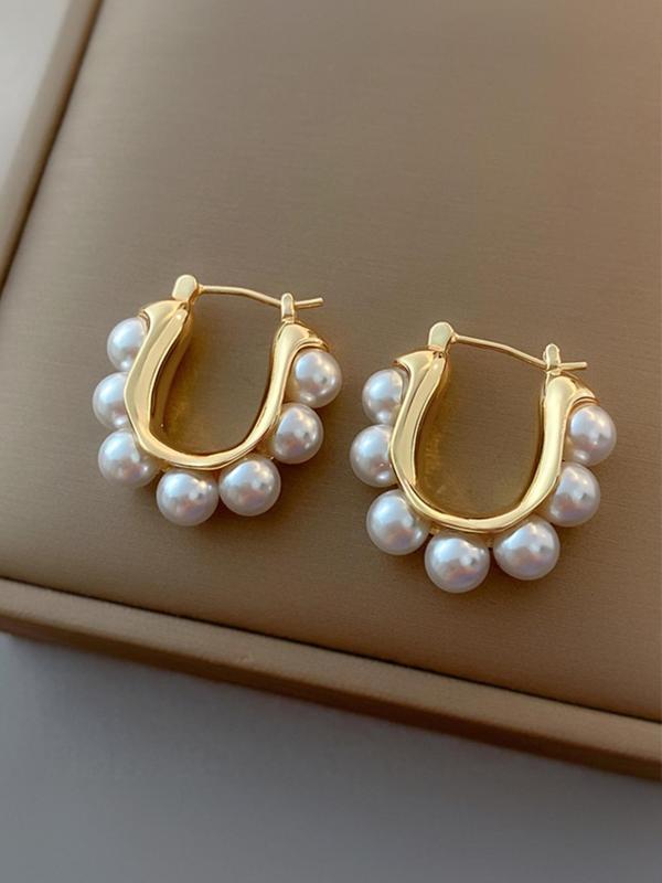 1 Pair Elegant U-shaped Faux Pearl Decorated Hoop Earrings, Casual Alloy Jewelry For Women, Daily Clothing Decor For Girl