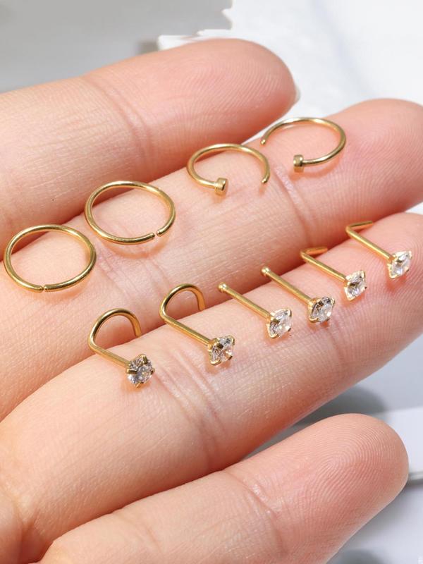 Rhinestone Decorated Stainless Steel Piercing Nose Ring (10pcs), L Shaped Nose Stud for Women & Men, Fashion Jewelry for Party, Daily Clothing Decor, Birthday Gift