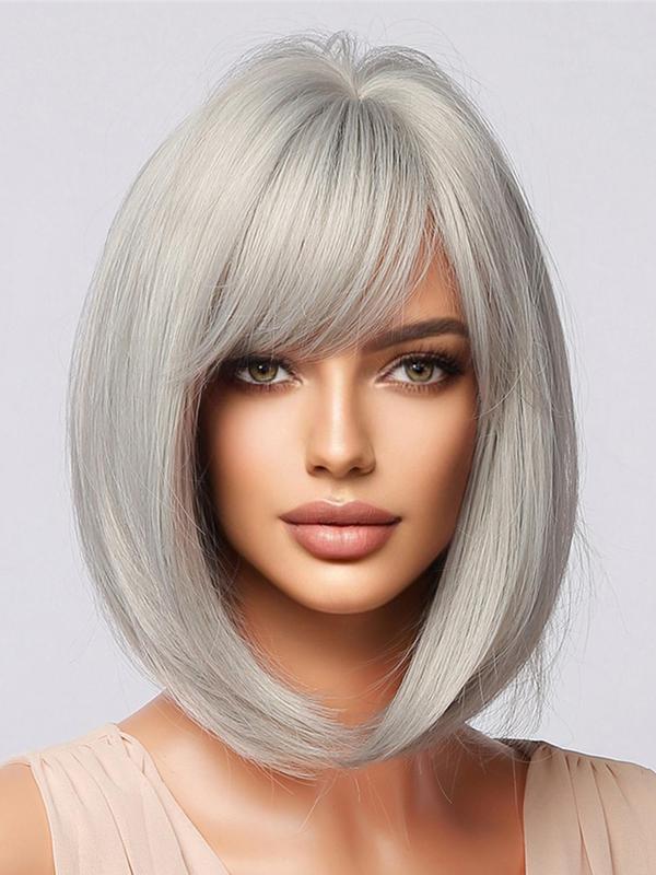 14inch Short Straight Bob Wigs for Women, Gorgeous Fluffy Shoulder Length Wigs with Side-swept Bangs, Synthetic Wigs for Party, Cosplay, Daily Use