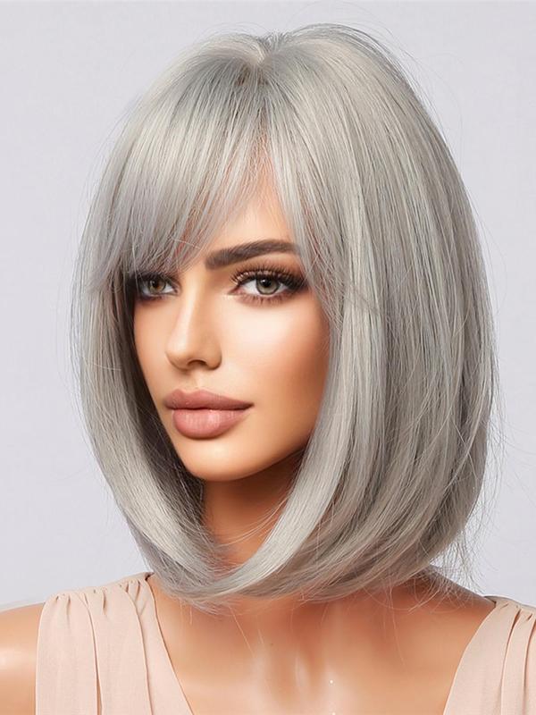 14inch Short Straight Bob Wigs for Women, Gorgeous Fluffy Shoulder Length Wigs with Side-swept Bangs, Synthetic Wigs for Party, Cosplay, Daily Use