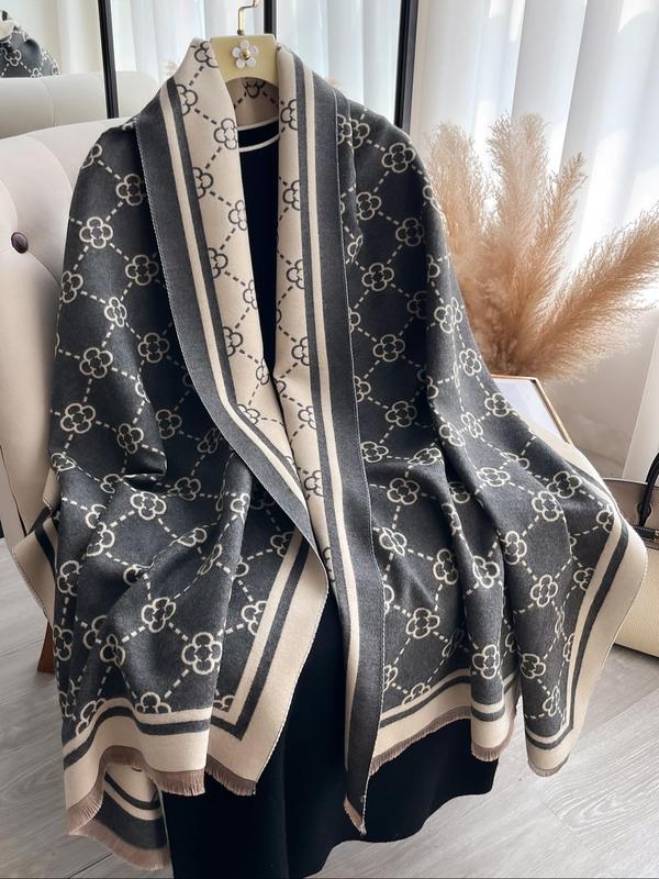 Double Sided Four-leaf Clover Print Scarf, Tassel Decor Elegant Soft Warm Shawl for Fall & Winter, Fashion Accessories for Women & Men