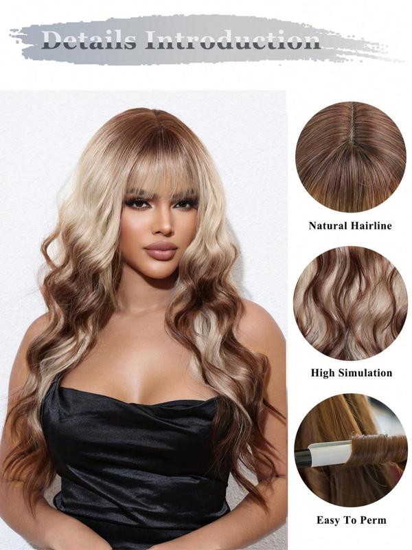 26 Inch Long Ombre Wavy Wigs for Women, Gorgeous Fluffy Wigs with Bangs, Synthetic Full Machine Wigs for Party, Daily Use