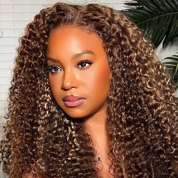 CurlyMe Wear Go Kinky Curly Highlights 4 27 Pre-cut Lace Hair Wigs Pre-plucked