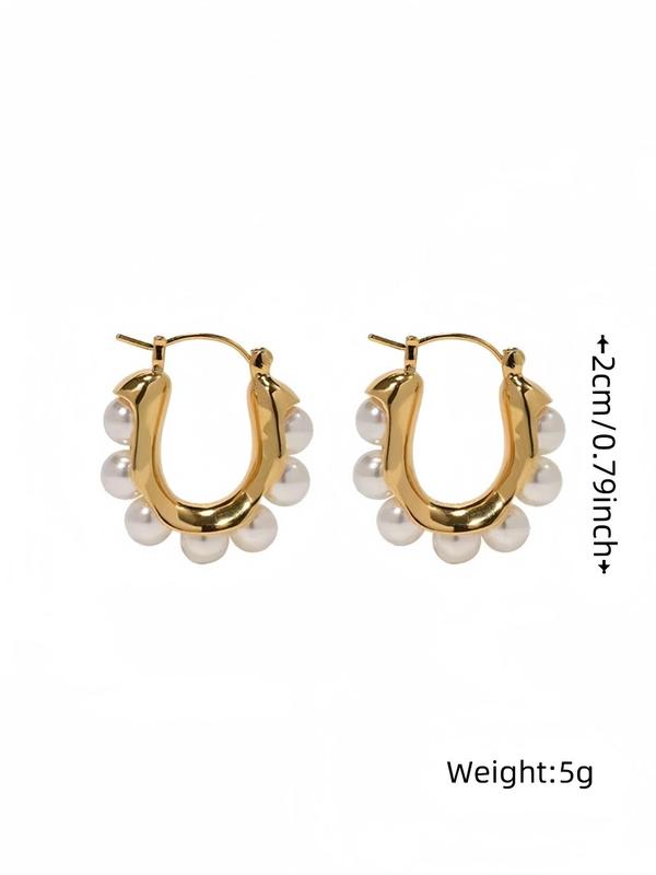 1 Pair Elegant U-shaped Faux Pearl Decorated Hoop Earrings, Casual Alloy Jewelry For Women, Daily Clothing Decor For Girl