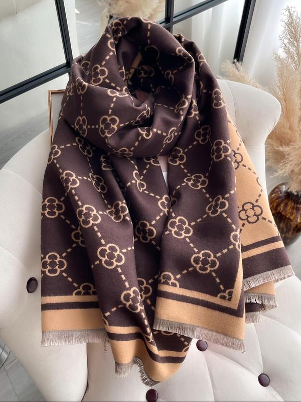 Double Sided Four-leaf Clover Print Scarf, Tassel Decor Elegant Soft Warm Shawl for Fall & Winter, Fashion Accessories for Women & Men