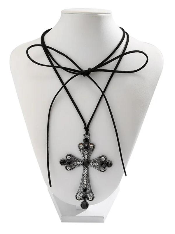 Rhinestone Cross Pendant Necklace for Women & Girls, Punk Style Jewelry for Party, Daily Clothing Decor, Trendy All-match & Exquisite Jewelry for Birthday Gift